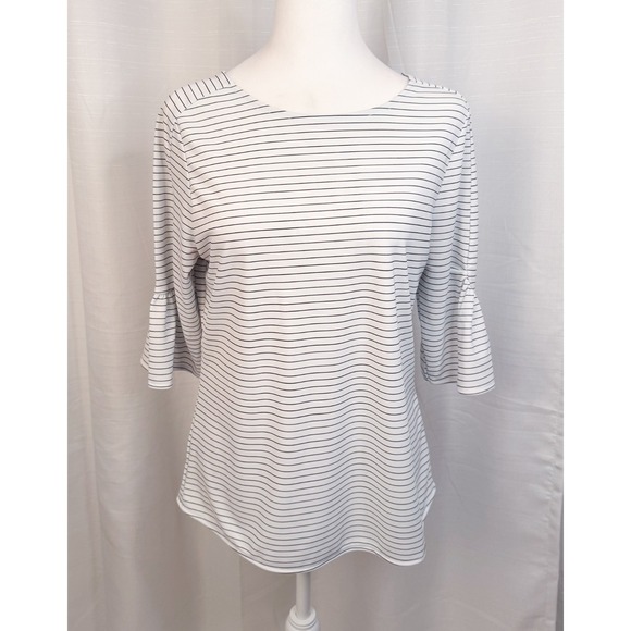 Ann Taylor Factory Tops - Ann Taylor Factory Blouse White Black Stripe Flutter Elbow Sleeve Top - Small